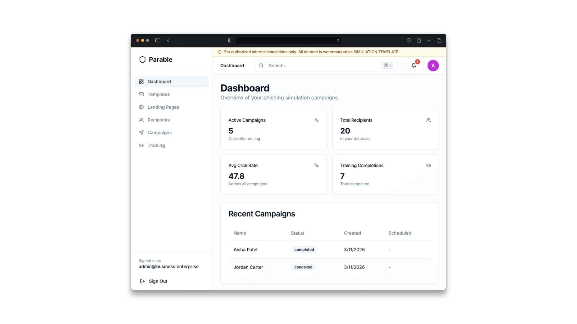 Parable dashboard showing campaign metrics and recent campaigns
