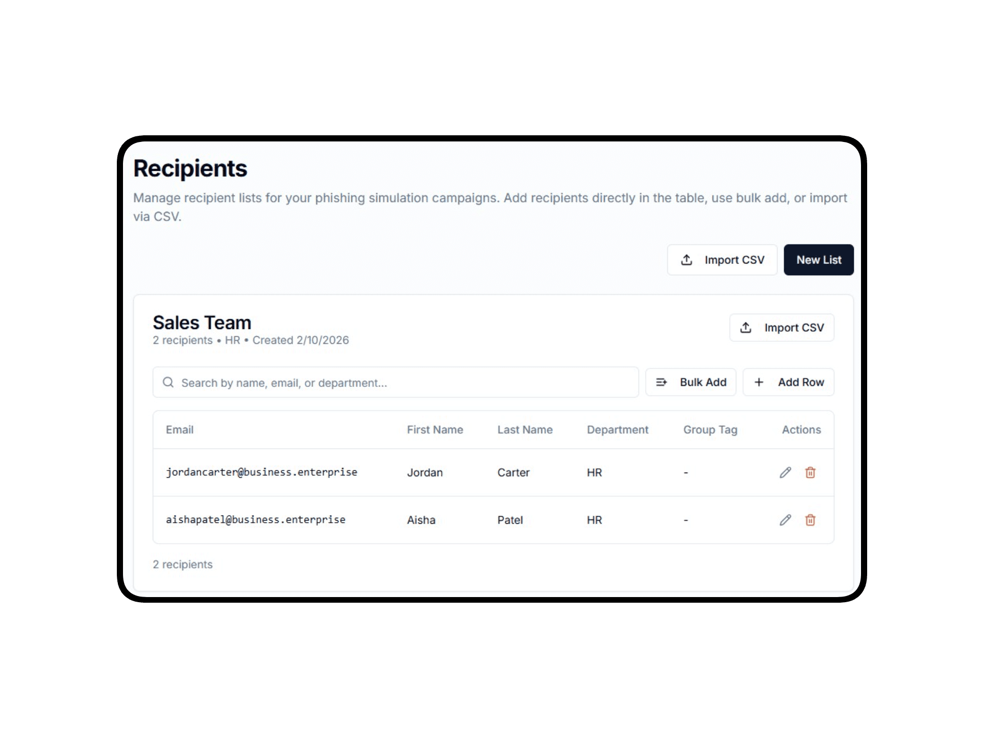 Email management interface showing recipient lists
